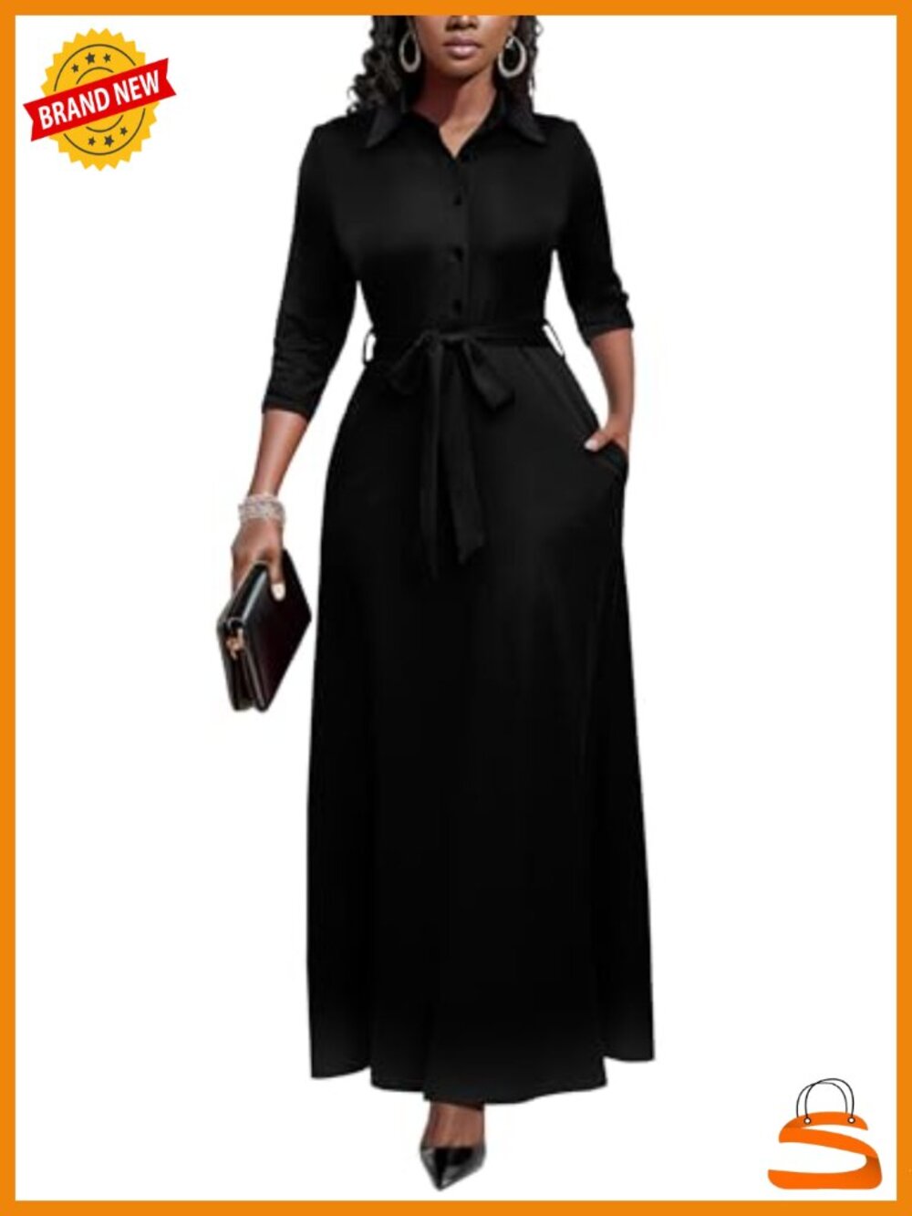 Womens Maxi Dress 3/4 Sleeve Button Down with Pockets Church Casual